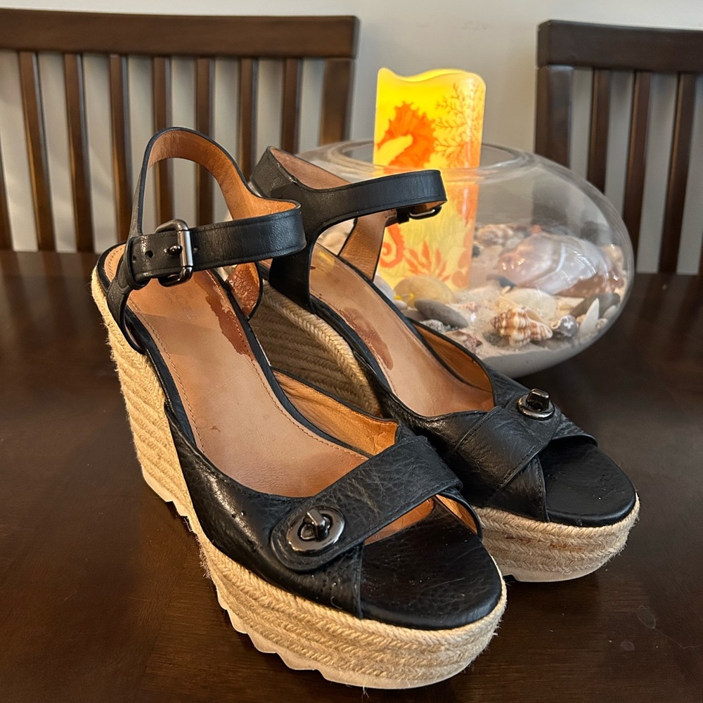 Coach Black Leather Espadrille Wedges